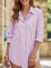 Striped lapel long-sleeved cardigan shirt